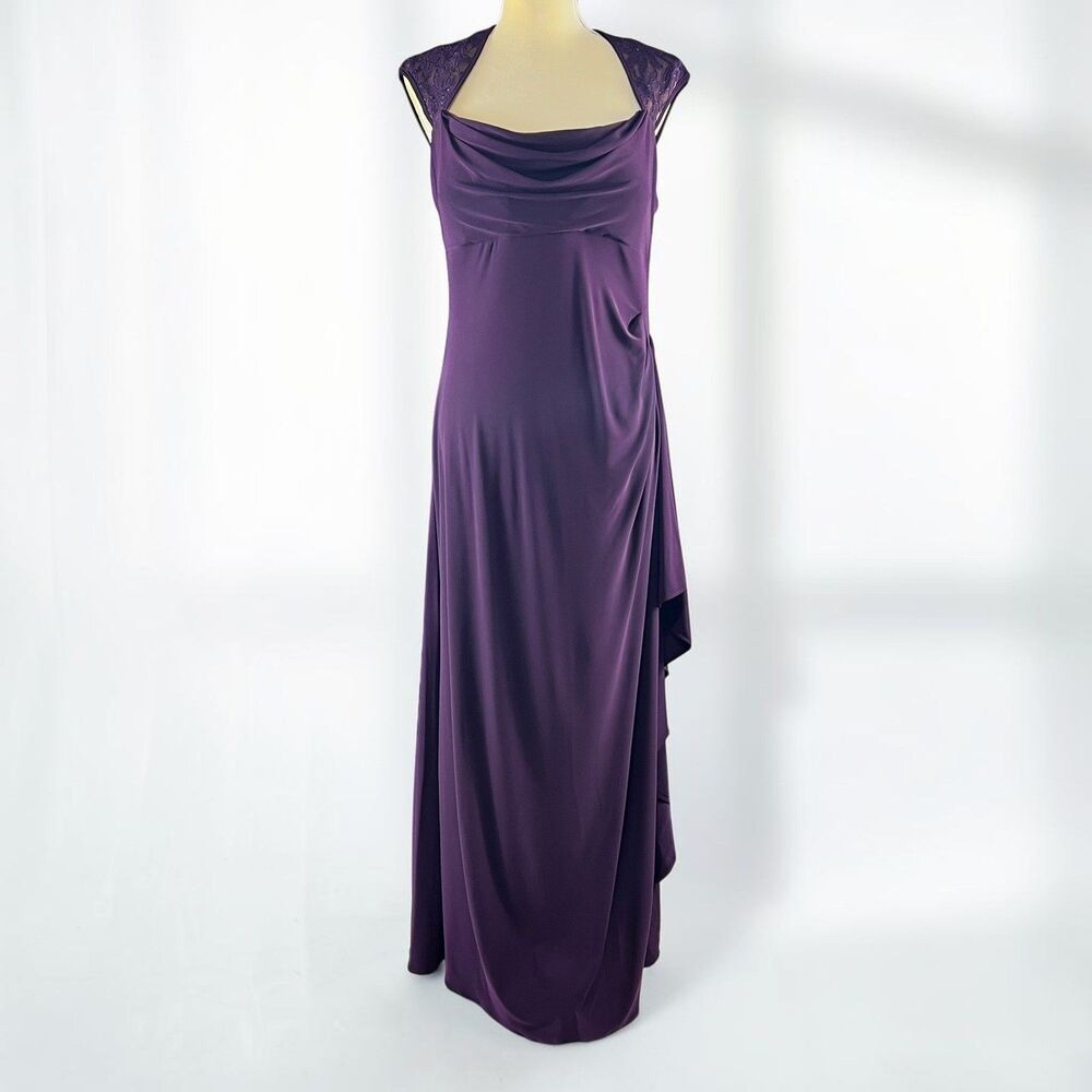 R&M Richards Plum Purple Cowl Neck Lace Cap Sleeve Ruched Evening Gown Size 14